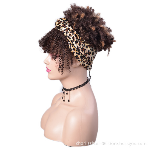 Best Selling Blonde Black Short Fluffy Kinky Curly Turban Wig With Bangs Afro Headband Wigs Synthetic Hair Wigs For Black Women